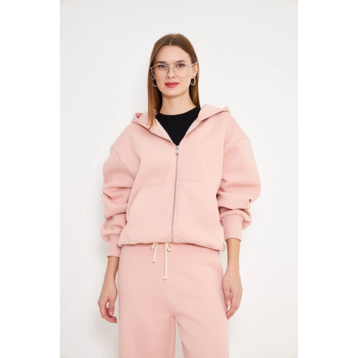 Kadın Kapüşonlu Fermuarlı Sweatshirt Pembe