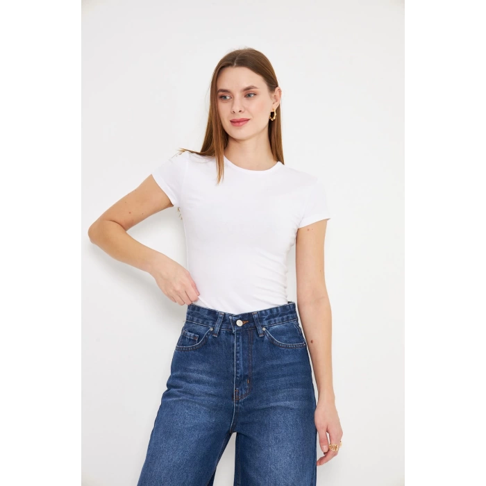 Crop Kısa Kol Elastan Tişört Beyaz