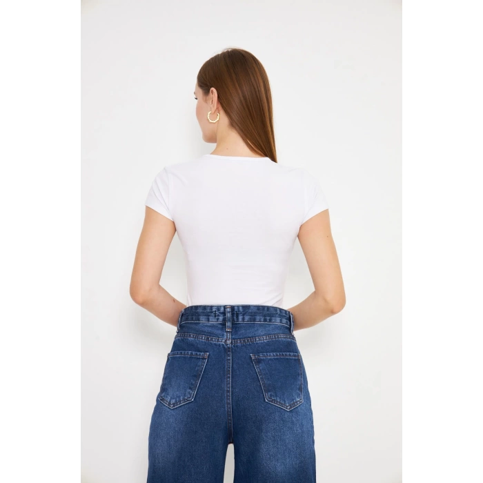 Crop Kısa Kol Elastan Tişört Beyaz