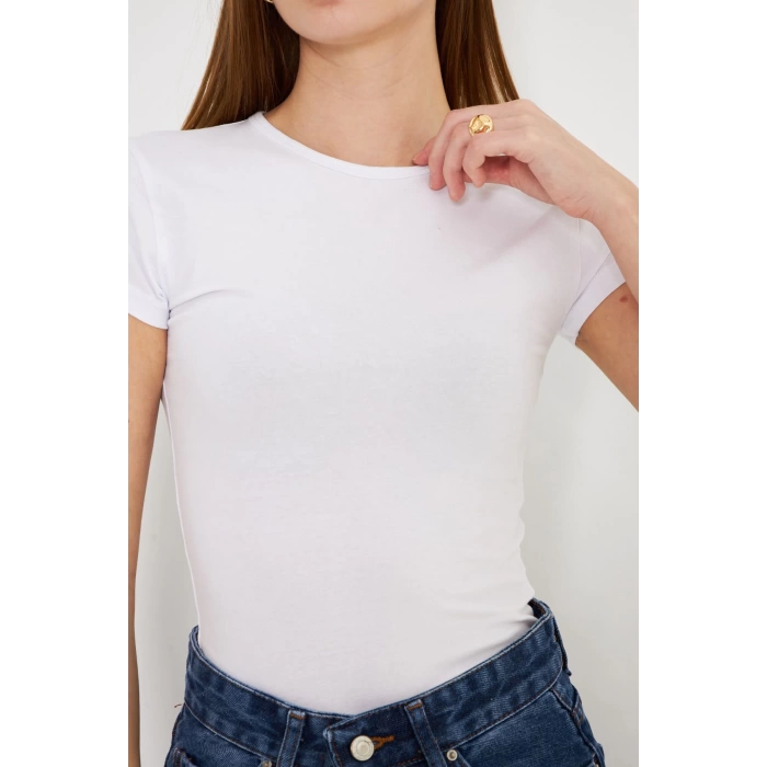 Crop Kısa Kol Elastan Tişört Beyaz