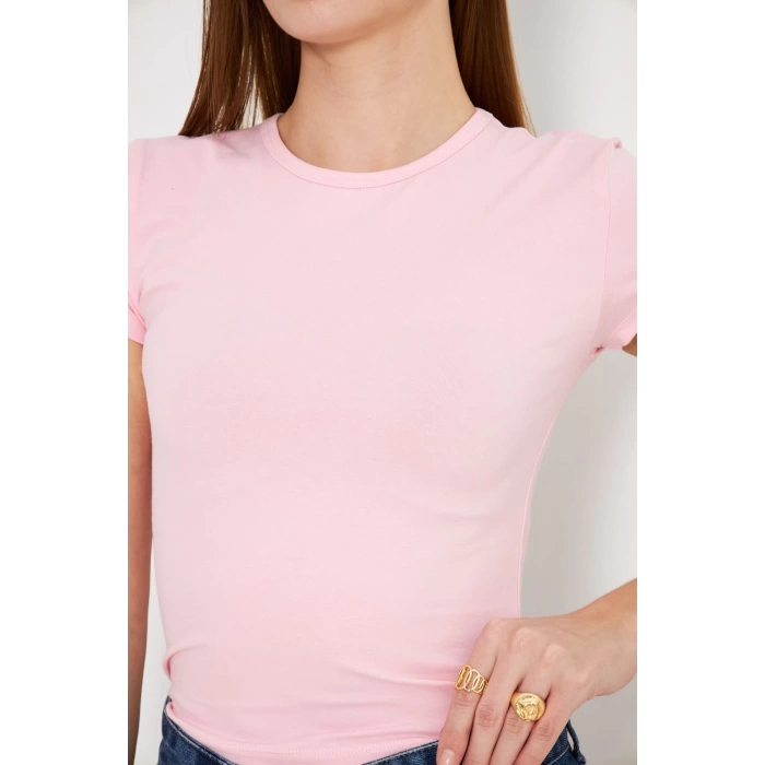 Crop Kısa Kol Elastan Tişört Pembe