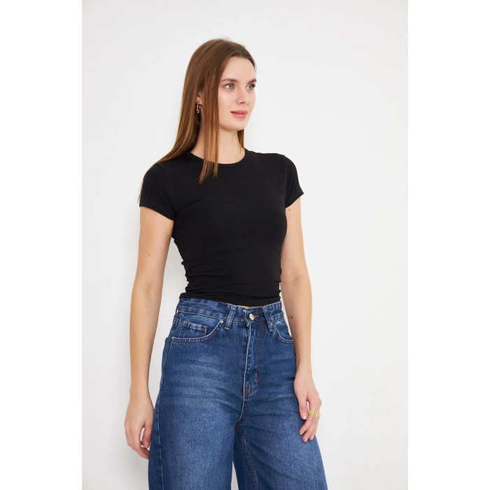 Crop Kısa Kol Elastan Tişört Siyah