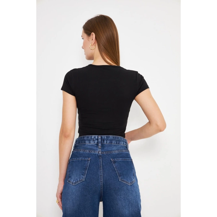 Crop Kısa Kol Elastan Tişört Siyah