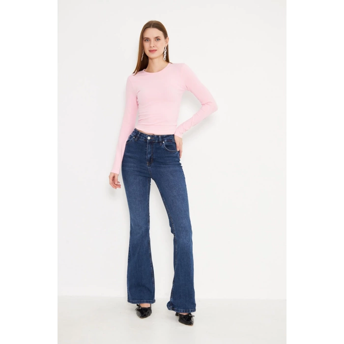 Crop Uzun Kol Elastanlı Tişört Pembe