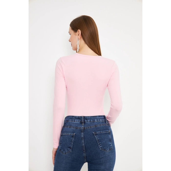 Crop Uzun Kol Elastanlı Tişört Pembe