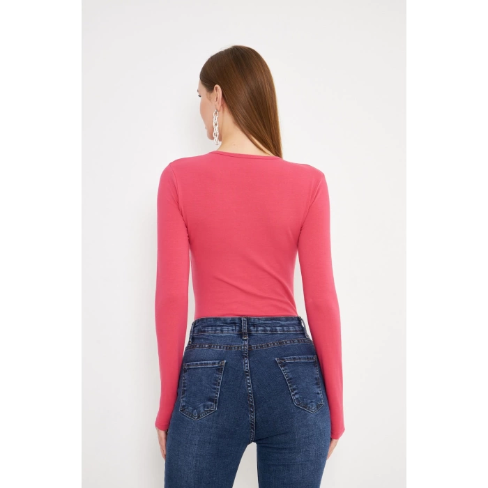 Crop Uzun Kol Elastanlı Tişört Fuşya