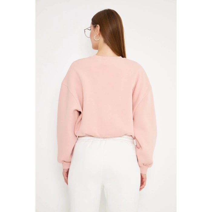 Kadın Bisiklet Yaka Sweatshirt Pembe