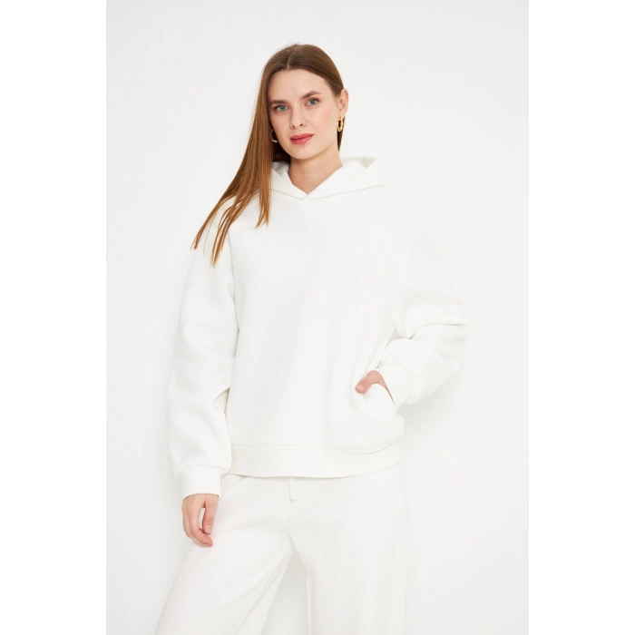 Kadın Kapüşonlu Sweatshirt Ekru