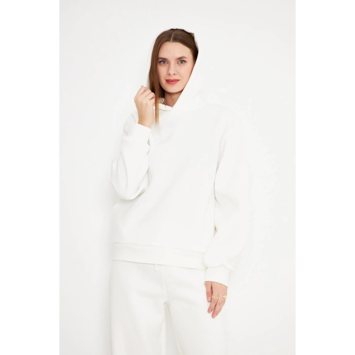 Kadın Kapüşonlu Sweatshirt Ekru