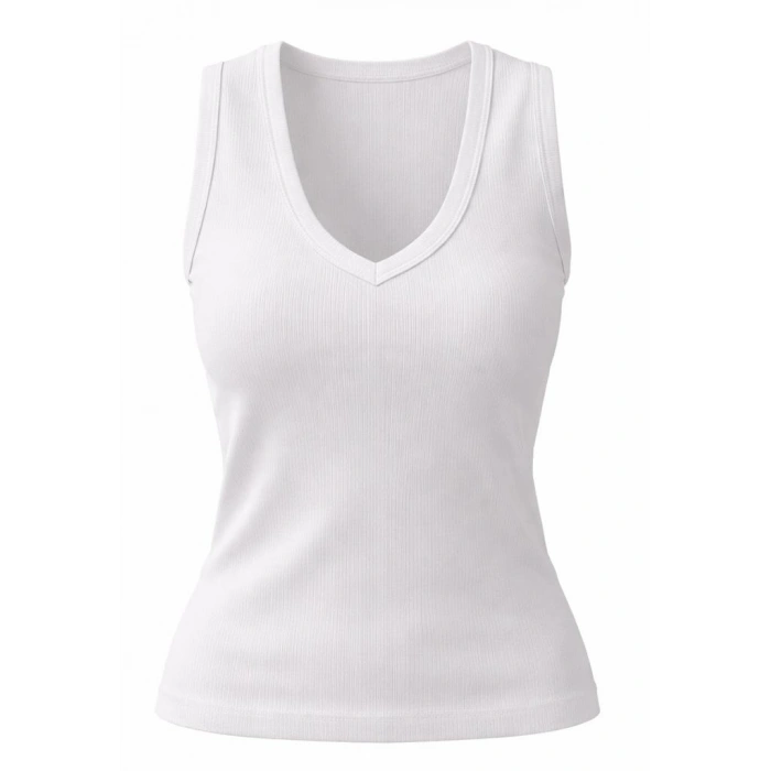 Kadın Beyaz V Yaka Kolsuz Slim Fit Ribana Tişört %100 Pamuk Günlük Basic Atlet