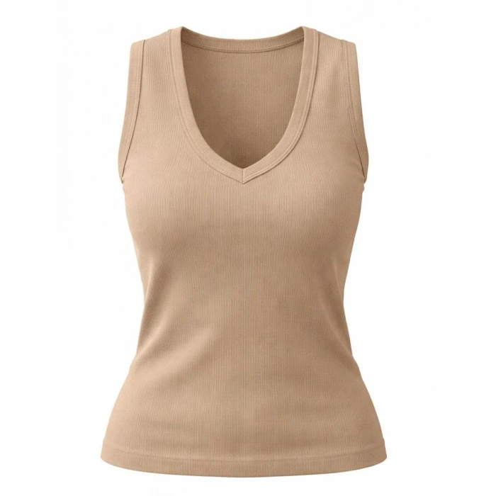 Kadın Taupe V Yaka Kolsuz Slim Fit Ribana Tişört %100 Pamuk Günlük Basic Atlet