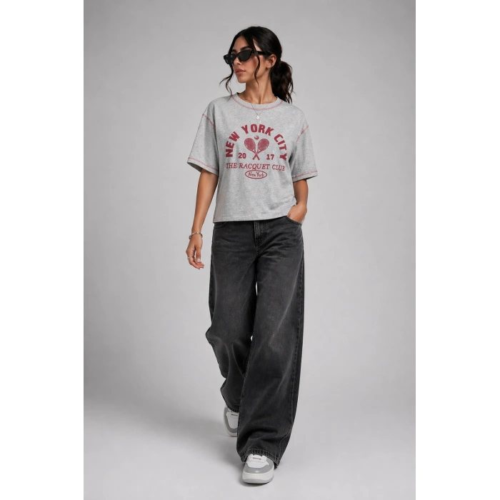 Kadın Bisiklet Yaka %100 Pamuk Over Size Gri Melanj street style basic Tişört