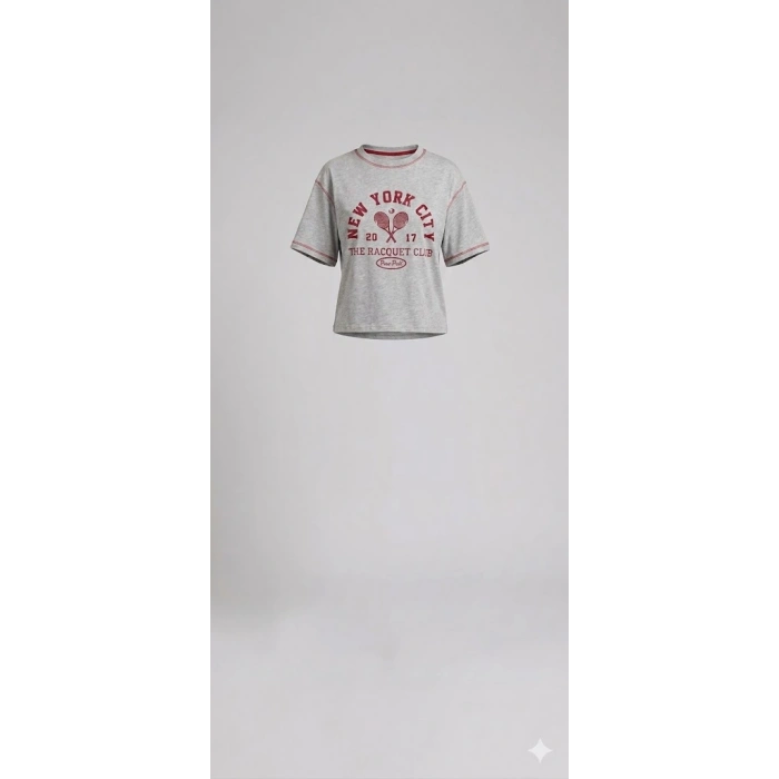 Kadın Bisiklet Yaka %100 Pamuk Over Size Gri Melanj street style basic Tişört