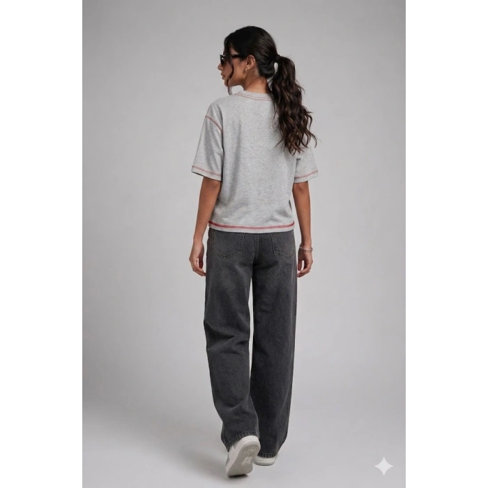 Kadın Bisiklet Yaka %100 Pamuk Over Size Gri Melanj street style basic Tişört