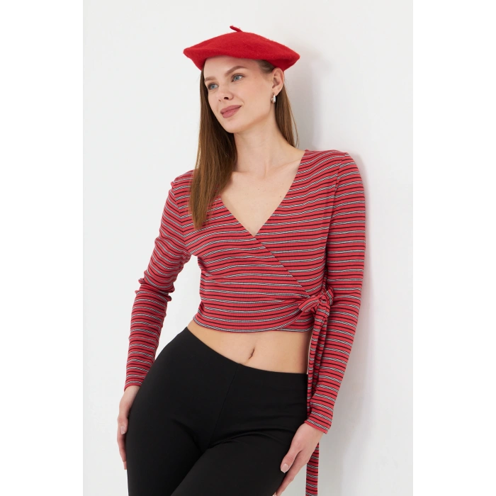 Kadın Kruvaze Uzun Kollu Bağlamalı Crop Top Bluz Kırmızı Çizgili