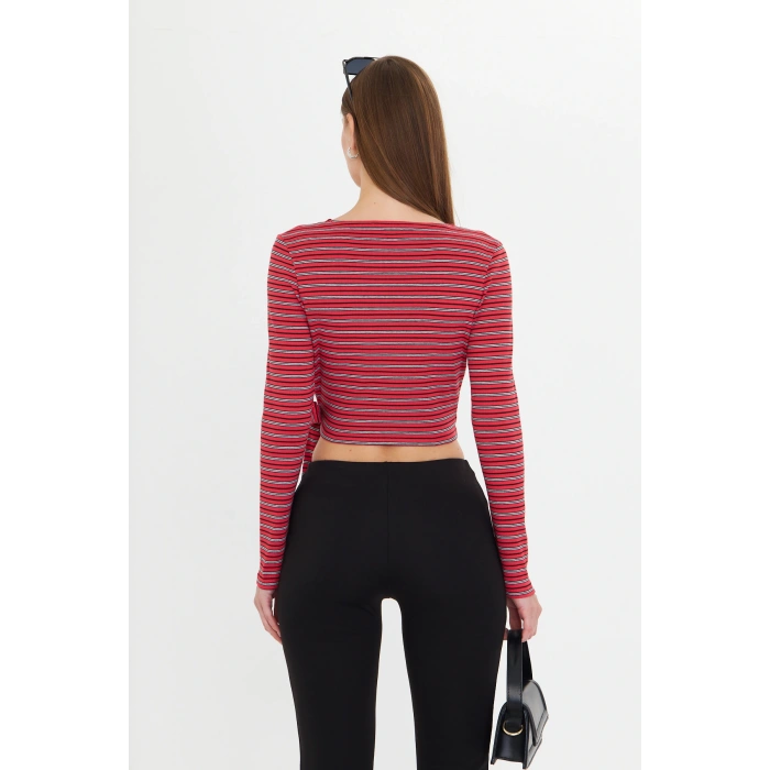 Kadın Kruvaze Uzun Kollu Bağlamalı Crop Top Bluz Kırmızı Çizgili