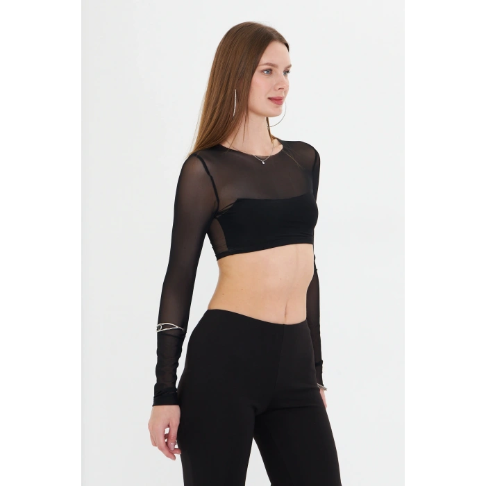 Kadın Uzun Kollu Yarı Transparan Crop Tül Bluz