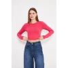 Kadın Elastanlı Crop Uzun Kol Tişört Fuşya