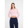 Kadın Elastanlı Crop Uzun Kol Tişört Pembe