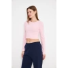 Kadın Elastanlı Crop Uzun Kol Tişört Pembe