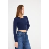 Kadın Elastanlı Crop Uzun Kol Tişört Lacivert
