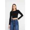 Kadın Elastanlı Crop Uzun Kol Tişört Siyah