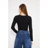Kadın Elastanlı Crop Uzun Kol Tişört Siyah