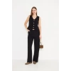 Kadın Trend Dokulu Biyeli V Yaka Kolsuz Yelek Siyah