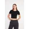 Kadın Elastanlı Crop Kısa Kol Tişört Siyah