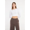 Kadın Elastanlı Crop Uzun Kol Tişört Beyaz