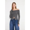 Kayık Yaka Uzun Kollu Kadın Omuzu Açık Sweatshirt Gri Melanj Antrasit