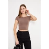 Kadın Crop Çok Kısa Kollu Tişört Açık Kahve