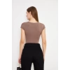Kadın Crop Çok Kısa Kollu Tişört Açık Kahve