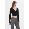 Kadın Kruvaze Uzun Kollu Bağlamalı Crop Top Bluz Siyah
