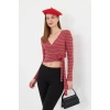 Kadın Kruvaze Uzun Kollu Bağlamalı Crop Top Bluz Kırmızı Çizgili