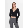 Kadın Kruvaze Uzun Kollu Bağlamalı Crop Top Bluz Siyah