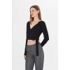 Kadın Kruvaze Uzun Kollu Bağlamalı Crop Top Bluz Siyah