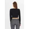 Kadın Kruvaze Uzun Kollu Bağlamalı Crop Top Bluz Siyah