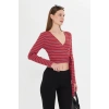 Kadın Kruvaze Uzun Kollu Bağlamalı Crop Top Bluz Kırmızı Çizgili