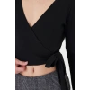 Kadın Kruvaze Uzun Kollu Bağlamalı Crop Top Bluz Siyah