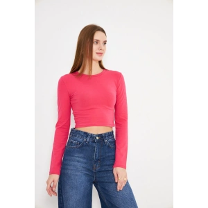 Kadın Elastanlı Crop Uzun Kol Tişört Fuşya