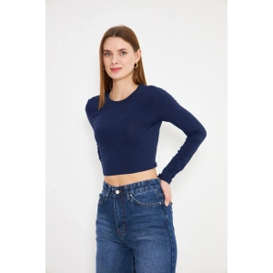 Kadın Elastanlı Crop Uzun Kol Tişört Lacivert