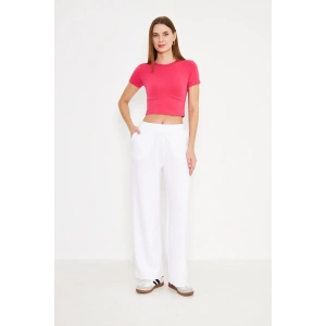 Orta Bel Elastik Düz Paça Kadın Pantolon Beyaz