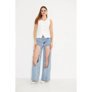 Dokulu Kadın Kolsuz Yelek Bisiklet Yaka Kontrast Metal Düğme Detaylı Ekru