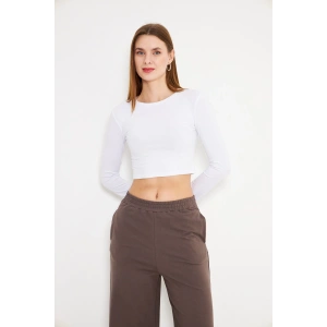 Kadın Elastanlı Crop Uzun Kol Tişört Beyaz