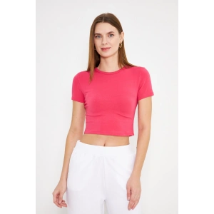 Elastanlı Crop Kısa Kol Tişört Fusya