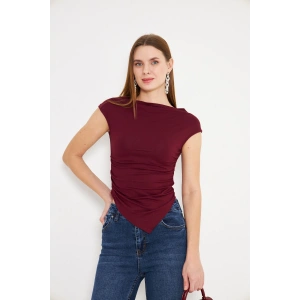 Kayık Yaka Büzgülü Kolsuz Tişört Bordo