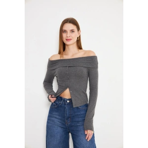 Kayık Yaka Uzun Kollu Kadın Omuzu Açık Sweatshirt Gri Melanj Antrasit