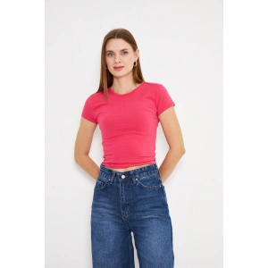 Crop Kısa Kol Elastan Tişört Fuşya