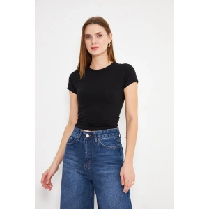 Crop Kısa Kol Elastan Tişört Siyah